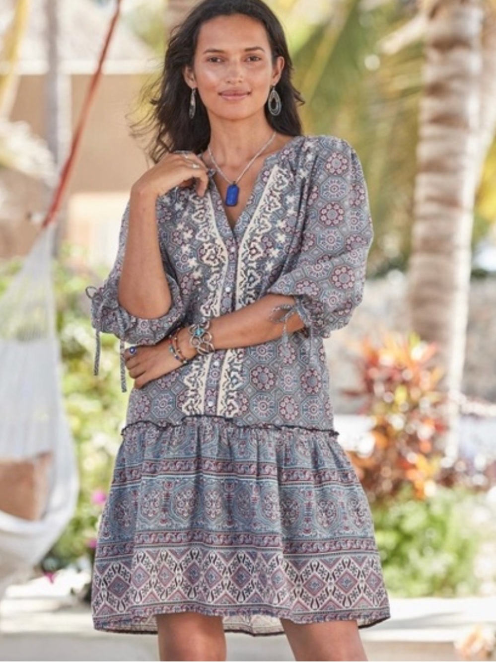 Sundance Zuri Discovery Mini Dress in Slate Blue Floral 100% cotton sz M